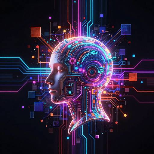 Digital artwork of a neon-lit human head profile with intricate circuitry patterns, vibrant pink, blue, and purple colors against a dark, tech-themed