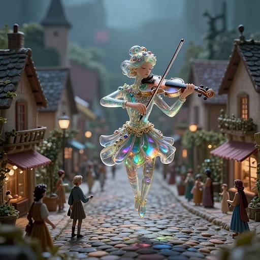 Enchanted Violinist Over Bustling Village