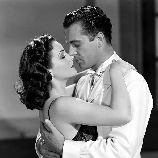 Black-and-white photograph of a 1940s-style couple dancing closely, the man in a white shirt and bow tie, the woman in a sleeve