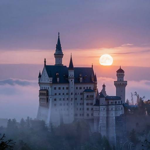 Photograph of a majestic, Gothic-style castle silhouetted against a vibrant, orange-pink sunset, with mist swirling around its towers and t