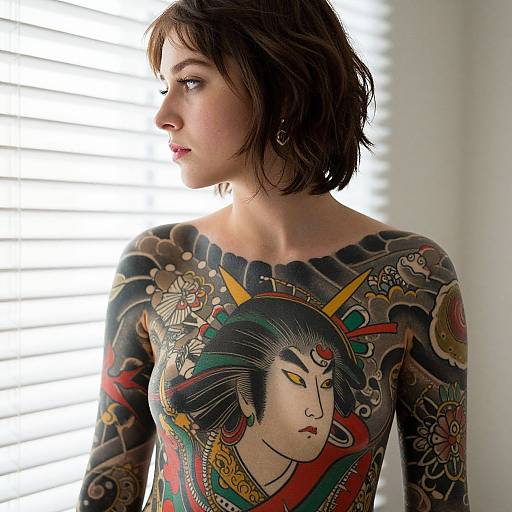 Photograph of a white woman with short brown hair, wearing a detailed, colorful Japanese-style tattoo dress, standing in front of white blinds.