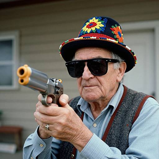 Elderly Man in Folkloric Hat with Water Pistol