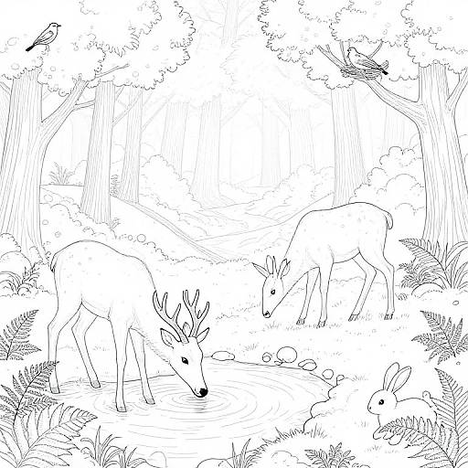 Black-and-white line drawing of two deer, one with antlers, drinking from a stream with a bird and rabbit nearby. Dense forest background with trees