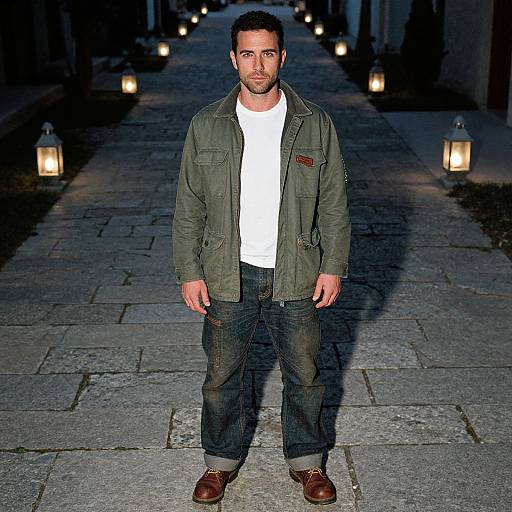 Photograph of a serious-looking man with short dark hair, wearing an olive green jacket, white shirt, blue jeans, and brown shoes, standing on