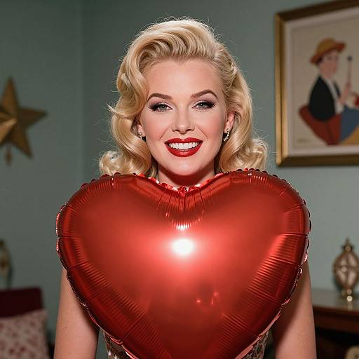 Photograph of a smiling blonde woman with vintage curls, holding a shiny red heart-shaped balloon, in a retro-styled room.