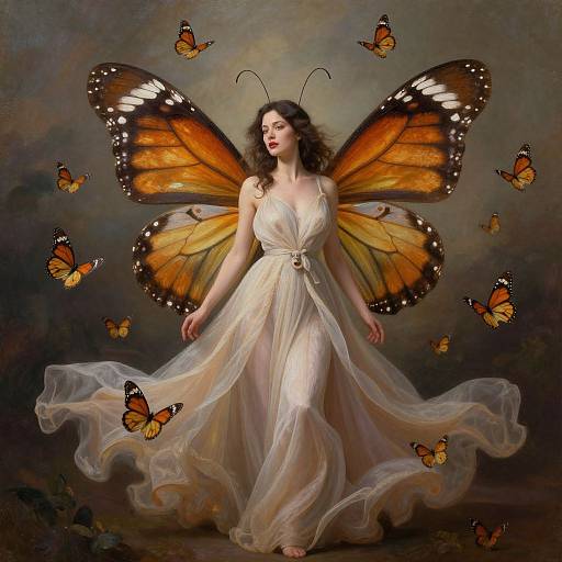Woman with Butterfly Wings in Flowing Dress