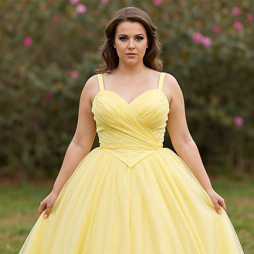 Photograph of a curvy woman with fair skin, dark brown wavy hair, wearing a bright yellow, V-neck, strapless, full-sk