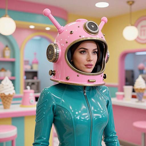 Photorealistic CGI of a woman in a shiny teal latex suit and pink retro helmet with antennae, standing in a pastel-colored, retro-style