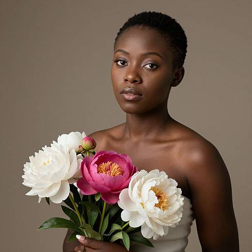 Photograph of a dark-skinned woman with short hair, holding a bouquet of white and pink peonies, against a plain gray background.