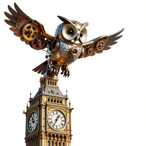 Digital illustration of a steampunk owl with gears, wings spread, perched atop the Big Ben clock tower, white background.