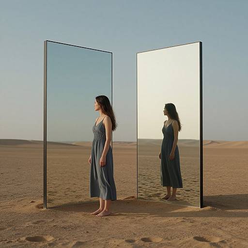 Photograph of a barefoot woman in a blue dress standing in a desert, facing a reflective mirror, with clear sky and dunes in the background