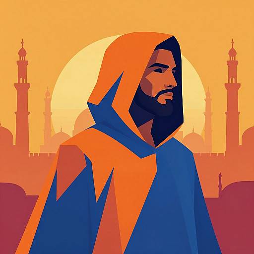 Digital illustration of a bearded man in a blue and orange hooded cloak, set against a vibrant orange sunset with silhouetted mosques and min