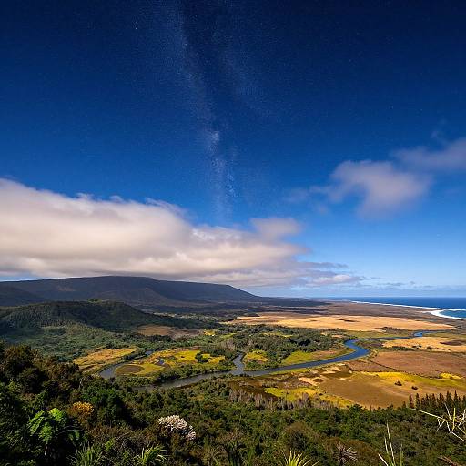 Vibrant photograph of a vast, colorful landscape featuring a winding river, green forests, golden plains, mountainous horizon, and a bright blue sky