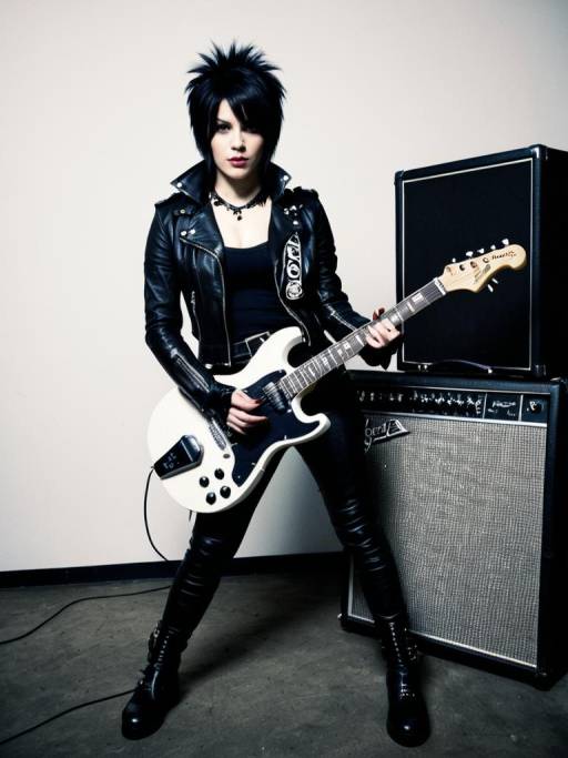 Woman in Joan Jett Outfit with Electric Guitar