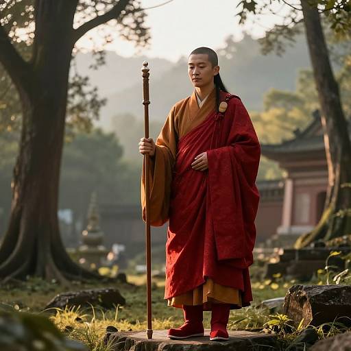 Serene Buddhist Monk in Forest Clearing