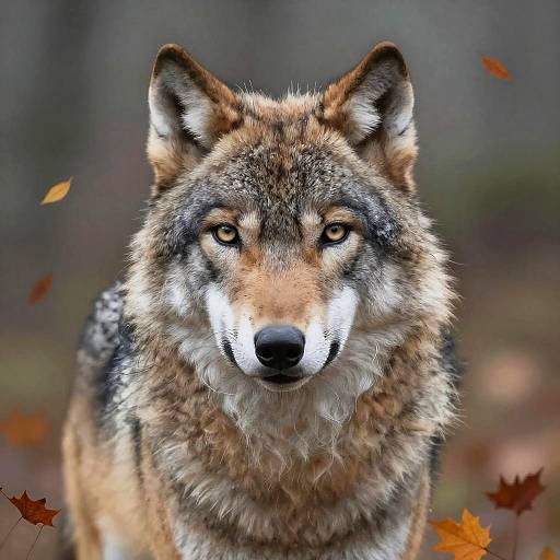 Photograph of a focused, medium-sized gray and brown wolf with piercing yellow eyes, standing in a forest with blurred autumn leaves in the background.