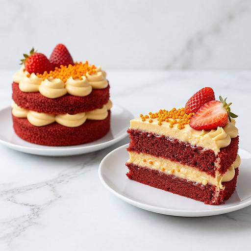 Photograph of a red velvet layered cake with cream filling, topped with orange sprinkles and strawberries, on white plates.