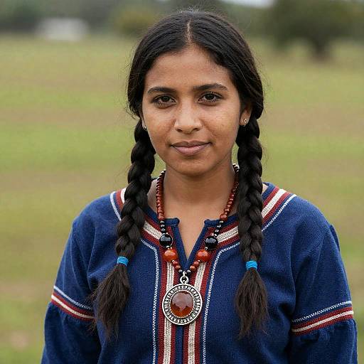 Native Woman with Braids and Necklace