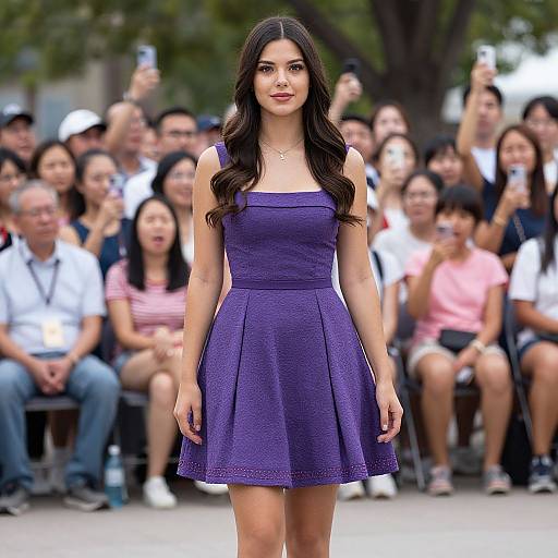 Photograph of a young woman with long dark hair, wearing a fitted purple dress, walking on a runway with a blurred audience taking photos in the background