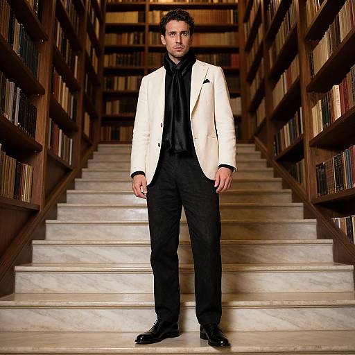 Photograph of a man with dark hair, in a white blazer, black shirt, and pants, standing on marble stairs between bookshelves.
