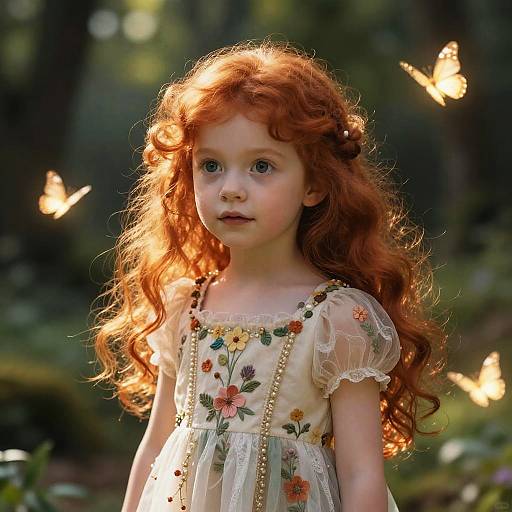 Photograph of a young red-haired girl with curly hair, wearing a floral dress, surrounded by glowing butterflies in a sunlit forest.