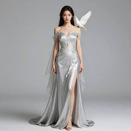 Petite Woman in Silver Elven Gown