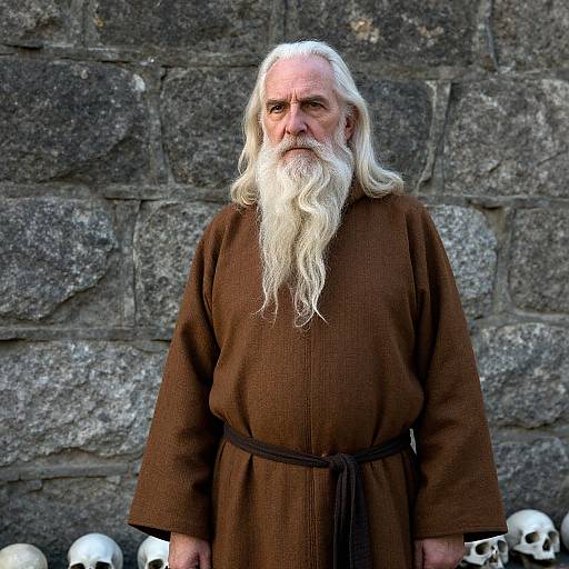 Photograph of an elderly white man with long white beard, wearing a brown robe, standing in front of a stone wall with skulls at the bottom.