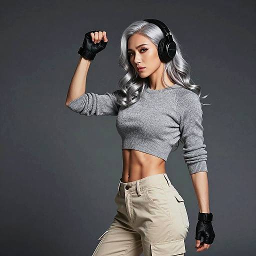 Photograph of a silver-haired woman with light skin, wearing a grey crop sweater, beige pants, black gloves, and headphones, posing against a dark