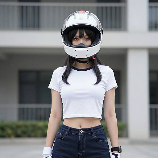 Photograph of an Asian woman with long black hair, wearing a white helmet, white crop top, black jeans, and white gloves, standing in front