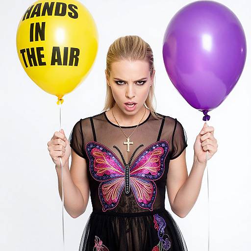 Blonde Woman with Butterfly Dress and Balloons