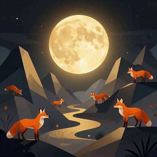 Surreal Mountain Range with Floating Foxes