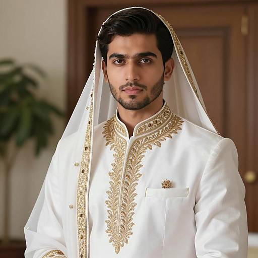 Young Man in Traditional White Sherwani with Gold Embroidery