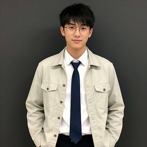 Photograph of an Asian man with black hair, glasses, white shirt, navy tie, and beige jacket, standing against a dark background.