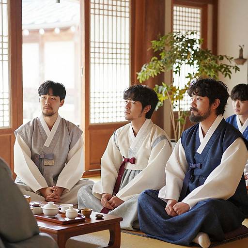 Photograph of four Korean men in traditional hanbok, seated in a sunlit, wooden-paneled room with a potted plant. They sit