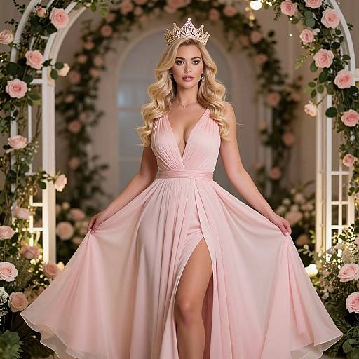 Photograph of a blonde woman with wavy hair, wearing a pink, V-neck, thigh-high slit dress, tiara, and holding her skirt