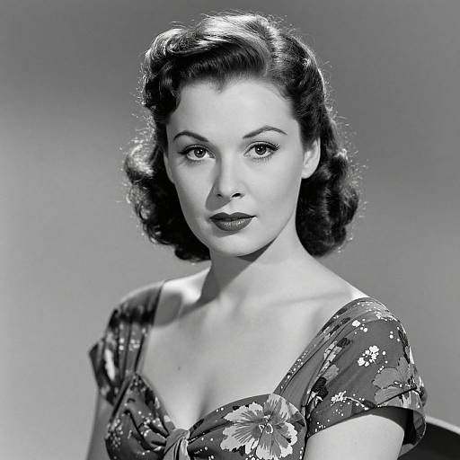 Black-and-white photograph of a 1940s-style woman with vintage curled hair, wearing a floral dress, gazing directly at the camera.