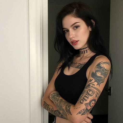 Tattooed Woman in Dimly Lit Doorway