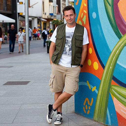 Photograph of a casually dressed man leaning against a colorful street mural, wearing a green vest, white t-shirt, beige shorts, and black sneakers,