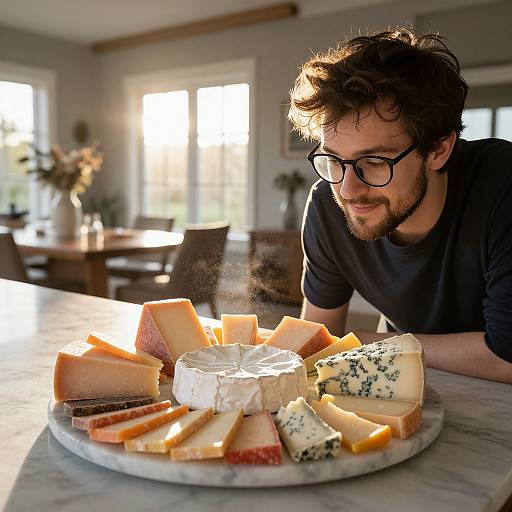 Photograph of a bearded man with glasses, black shirt, leaning over a marble table with an assortment of cheeses in a sunlit kitchen.