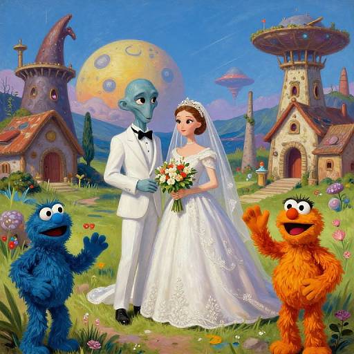 Digital illustration of blue monster groom in white suit, bride in white dress holding bouquet, with Elmo and Oscar, in whimsical fairy-tale village