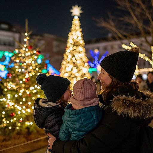 Woman and Child Enjoying Christmas Lights