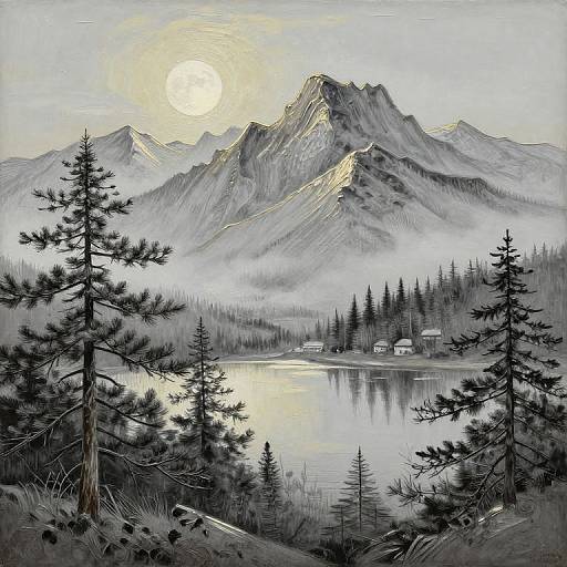 Digital painting of a serene mountain landscape at sunrise, featuring snow-covered peaks, misty lake, pine trees, and small cabins in the foreground.