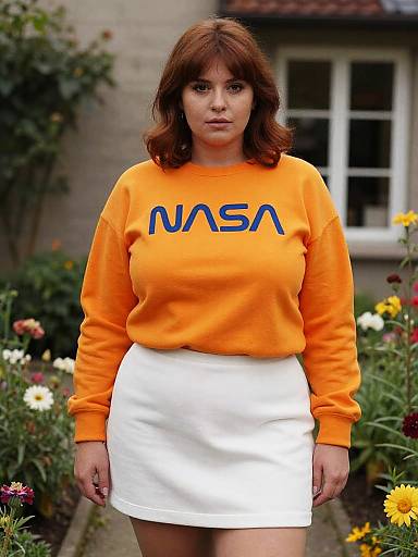 Photograph of a curvy woman with red hair, wearing an orange NASA sweatshirt and white skirt, standing in a vibrant garden.
