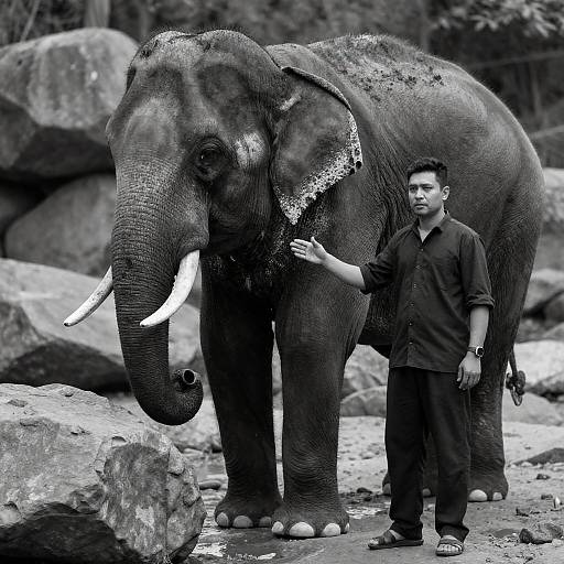 Black-and-White Man Beside Elephant on Rocks