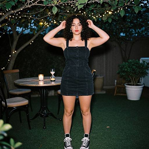 Photograph of a curly-haired woman in a black denim dress and black sneakers, standing under a string-lit tree in a backyard.