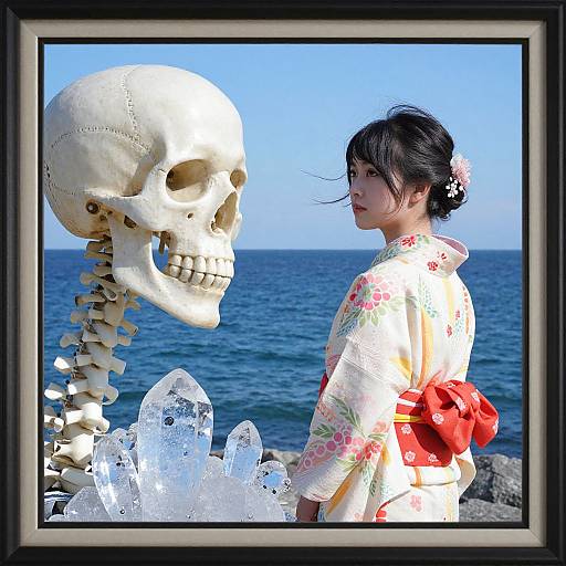 Photograph of an East Asian woman in a floral kimono, red obi, standing beside a life-sized skeleton, with ice shards and ocean background