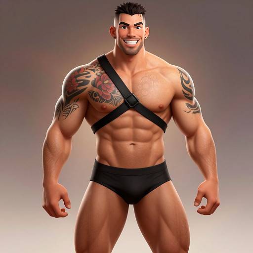 CGI image of a muscular, tattooed man with short black hair, smiling, wearing black harness and briefs, standing against gradient background.