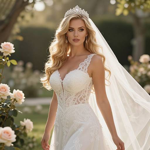 Blonde bride in white lace wedding dress with plunging neckline and tiara, standing in sunlit garden with roses. Photograph.