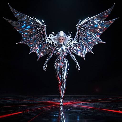 Photorealistic CGI of a shiny, metallic angel with reflective wings, standing confidently in a dark, glowing environment with red light beams.