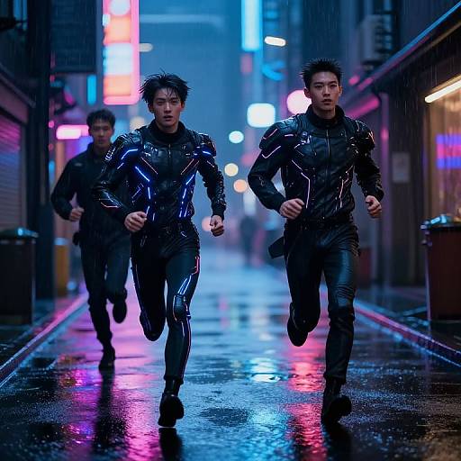 Photograph-like CGI of three men in shiny black leather suits running on a neon-lit, rain-soaked urban street at night.